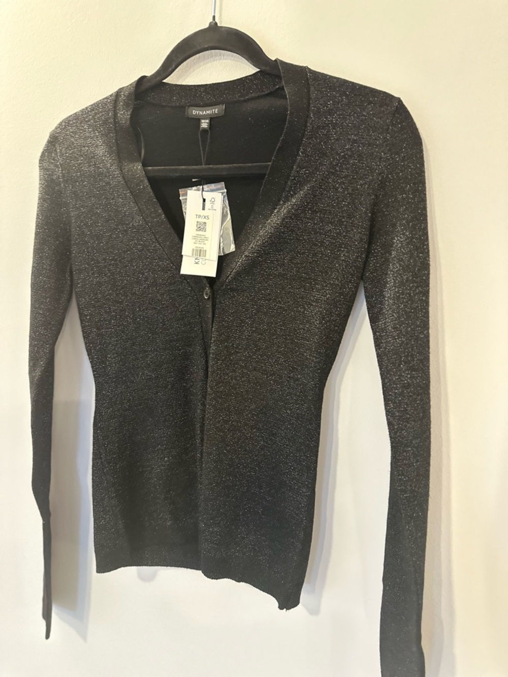 Black Sparkle V-Neck Cardigan XS Slim Fit Button Front Metallic Shimmer NWT - Picture 4 of 12